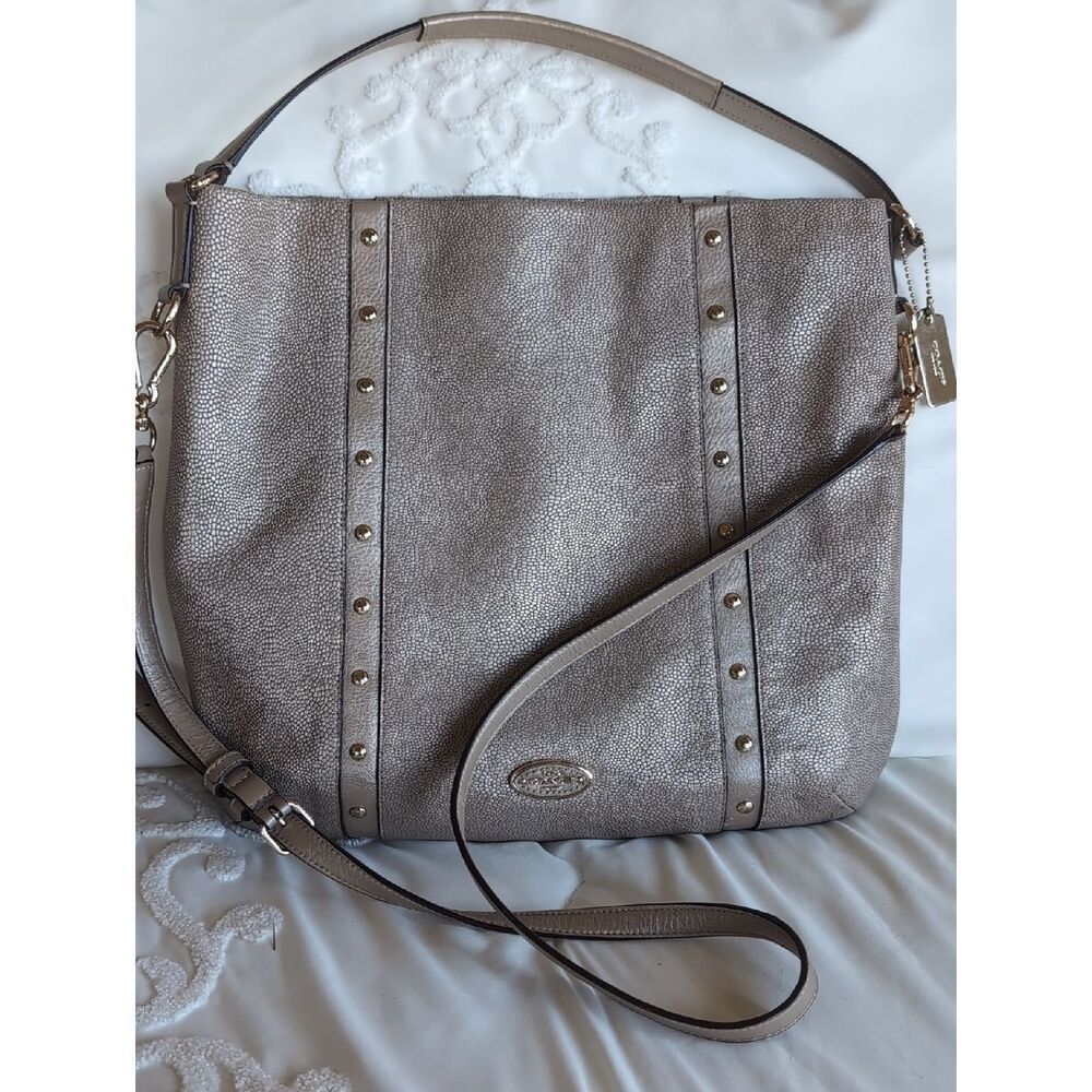 Coach Taupe/Platinum Madison Caviar Leather Studded Crossbody/Shoulder Bag